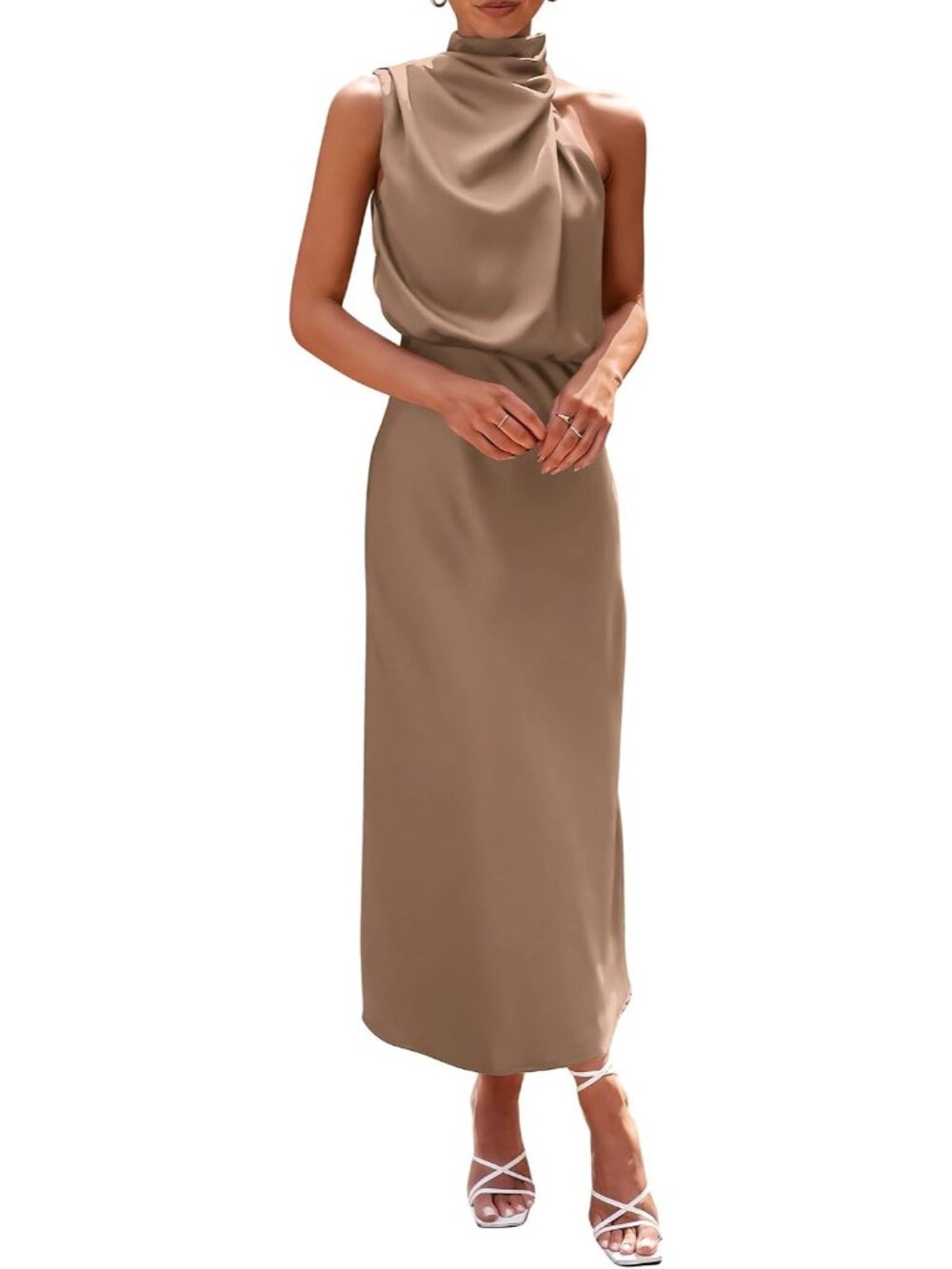 Women's Champagne Silk Fabric Sleeveless Mock Neck Satin Maxi Cocktail Dress